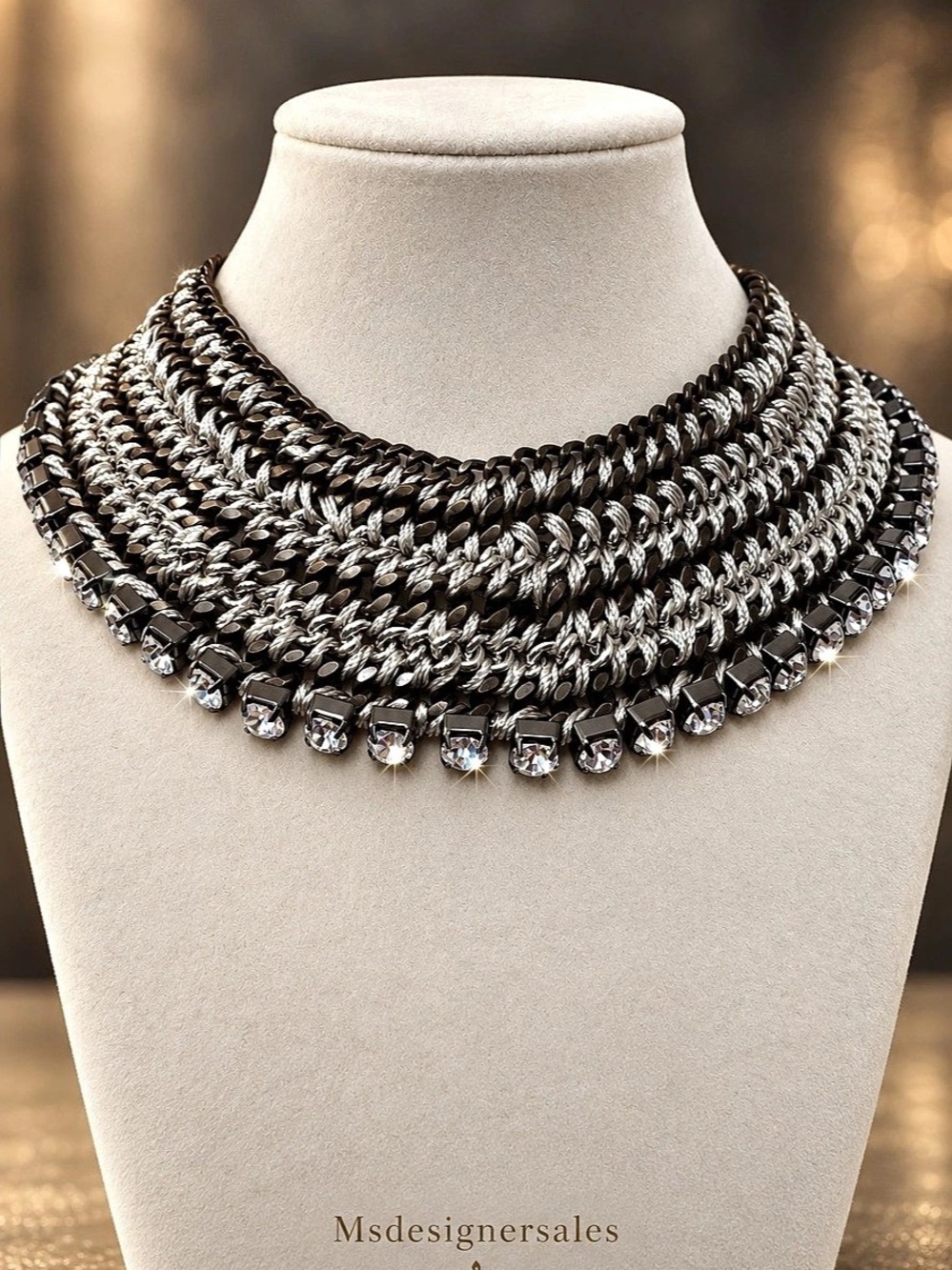 Layered Rhinestone Statement Necklace in Black & Silver